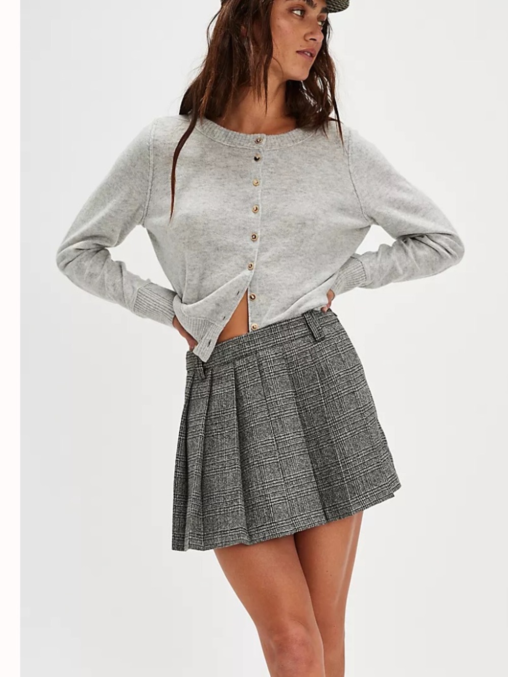 NIA FREE PEOPLE Plaid Pleated Mini Skirt WITH BUILT-IN SHORTS in Gray SIZE MEDI